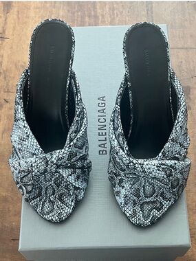 Balenciaga Black & White Snake-Print Knotted Slide Mules